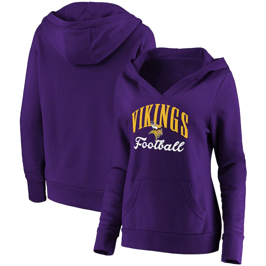 Women Minnesota Vikings NFL Pro Line by Fanatics Branded Purple Team Victory Script Crossover V-Neck Pullover Hoodie